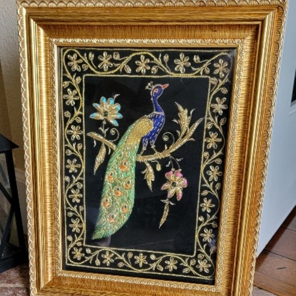 Silk Thread Embroidered Peacock Design Wall Panel Home Decor